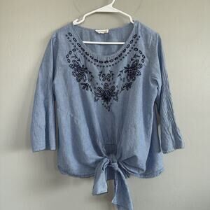 Sky and Sand Womens Tie Front Tunic Blouse Size M 3/4 Sleeve Embroidered Blue
